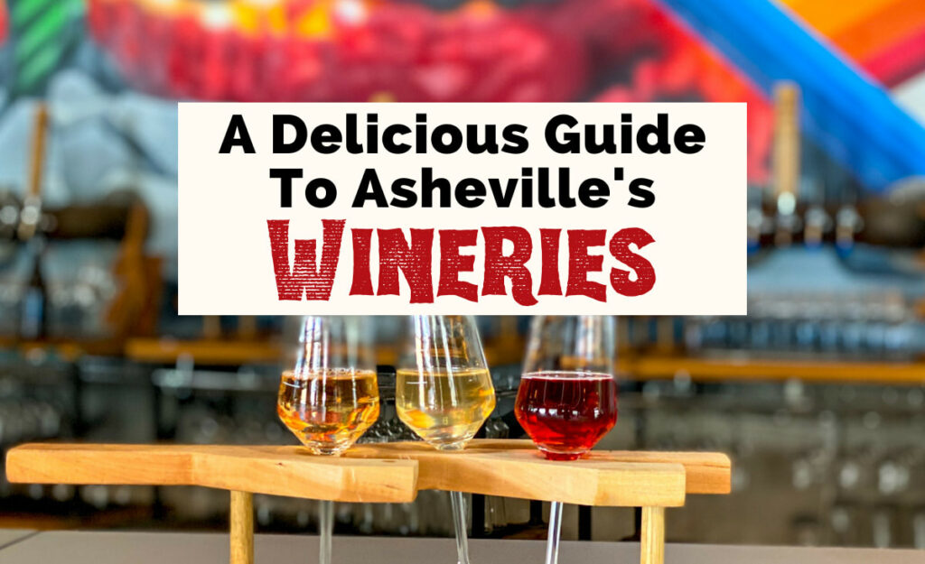 Best Asheville wineries with flight of yellow, orange, and red wine from pleb urban winery with street art mural blurred in background