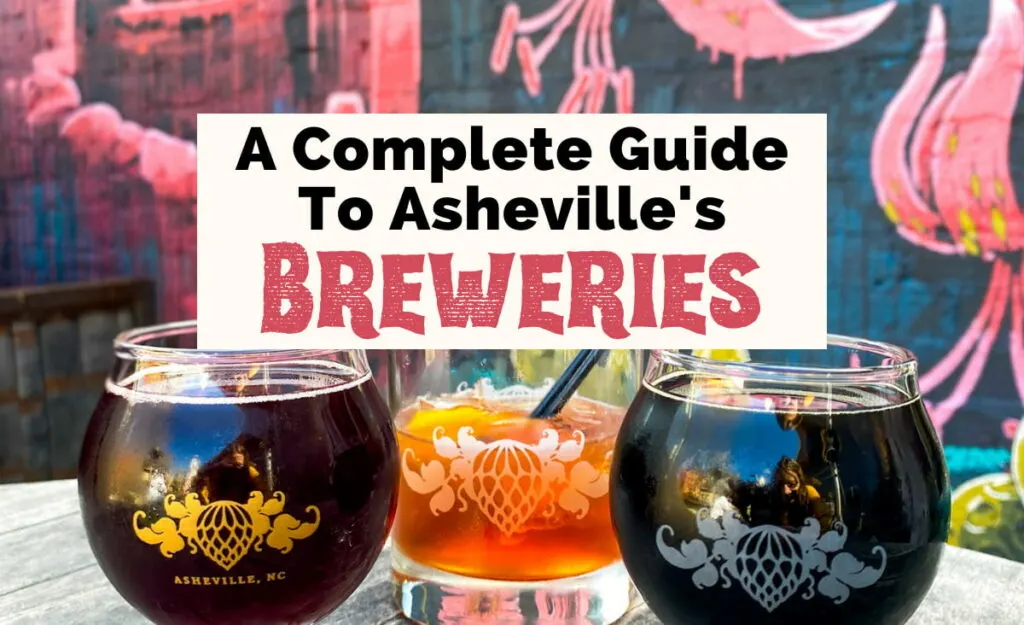 Best breweries in Asheville NC with picture of two sour beers and one cocktail in front of pink farmer and flower mural at Wicked Weed's Funkatorium