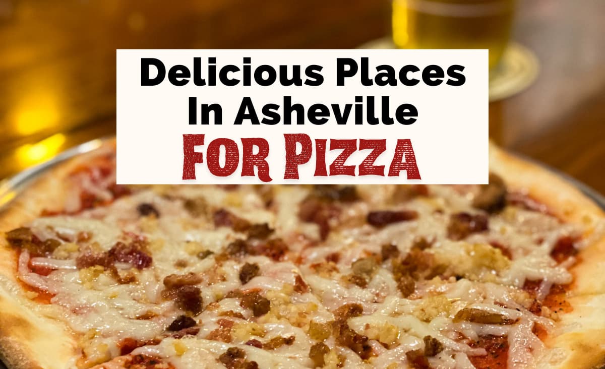 Best Pizza In Asheville NC From Locals with photo of gluten free pizza crust with vegan cheese and meat toppings from Barleys Taproom in Downtown Asheville