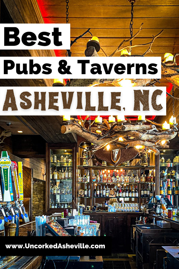 Best Pubs In Asheville NC Pinterest pin with well-stocked bar with antler chandelier at Red Stag Grill