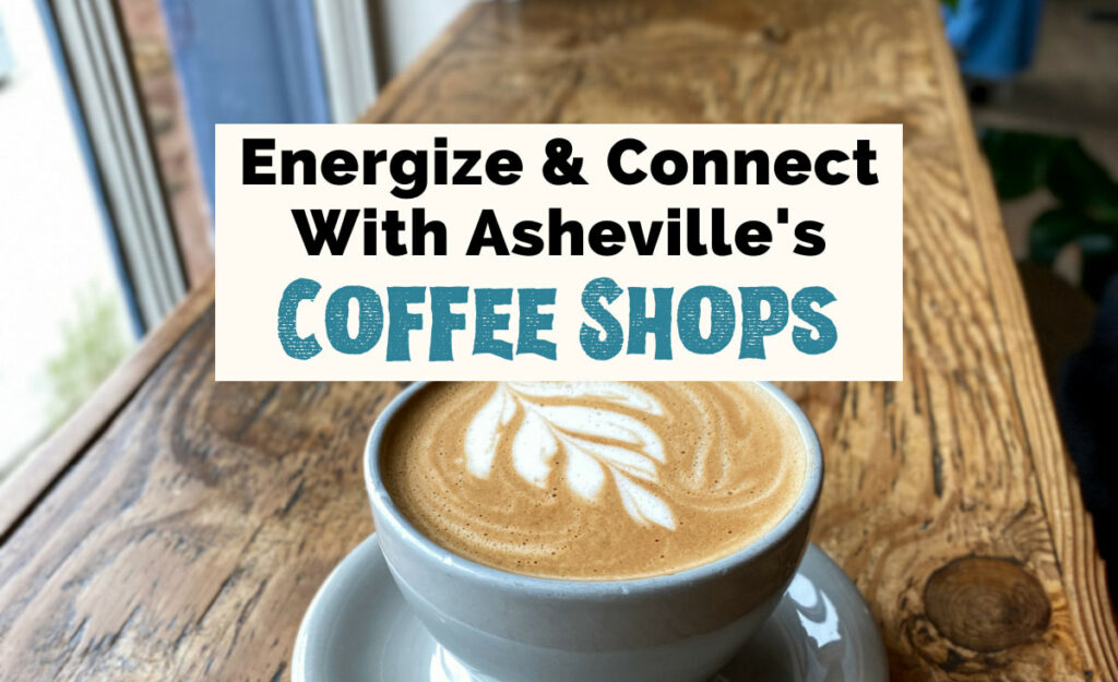 Best Coffee Shops In Asheville with light blue coffee cup filled with coffee with foam leaf design on brown counter near window