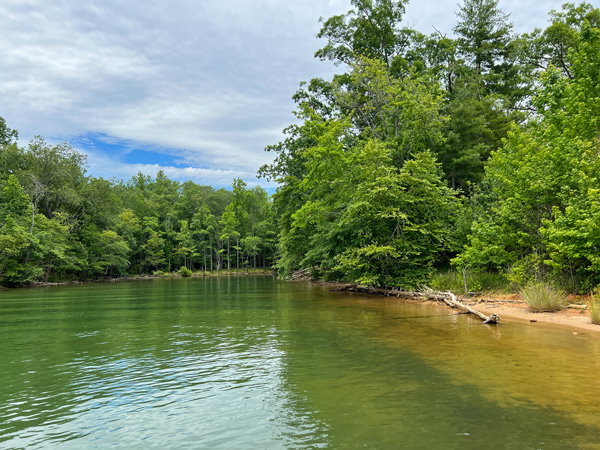 Lake James State Park North Carolina with green blue water along sandy brown shore with green tree line around the lake