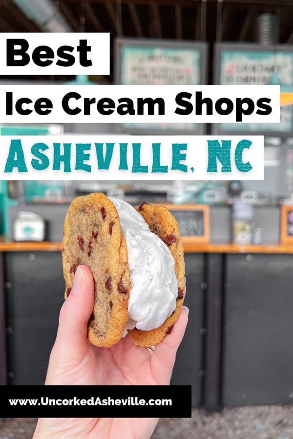 Asheville Ice Cream Shops Pinterest pin with white hand holding up vegan ice cream sandwich on chocolate chip cooking from Sunshine Sammies