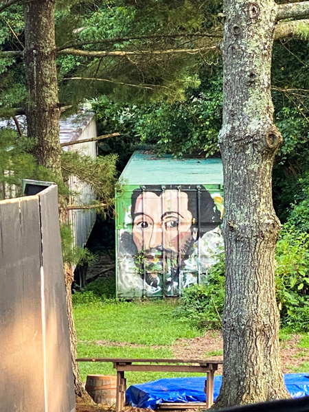 Asheville theater Shakespeare in the Park with Shakespeare mural near trees and stage