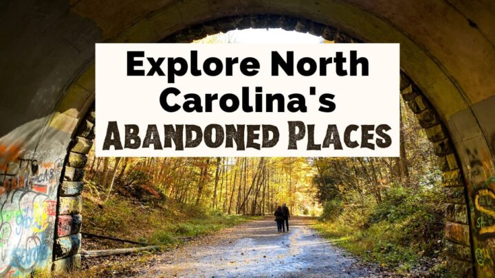 Abandoned Places in North Carolina with image of Road to Nowhere tunnel in Bryson City NC with two people walking out of dark tunnel with urban art and yellow fall foliage