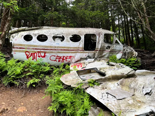 Plane Crash Site Waterrock Browning Knob NC with image of half of shell of crash white Cessna plane with no windows and broken wings