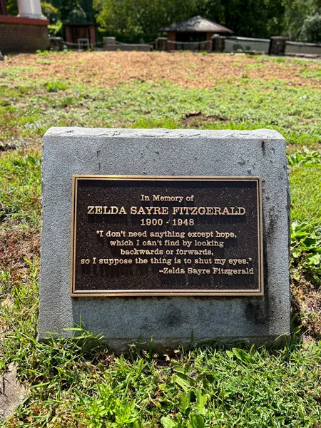 Zelda Fitzgerald Memorial Highland Hospital Asheville NC with quote on it from Zelda saying "I don't need anything except hope, which I can't find by looking backwards or forwards, so I suppose the thing is to shut my eyes