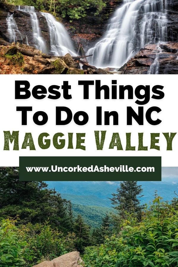Maggie Valley Things To Do Attractions Events Pinterest Pin with image of Soco Falls double waterfall and Waterrock Knob along the Blue Ridge Parkway overlooking blue and green mountains