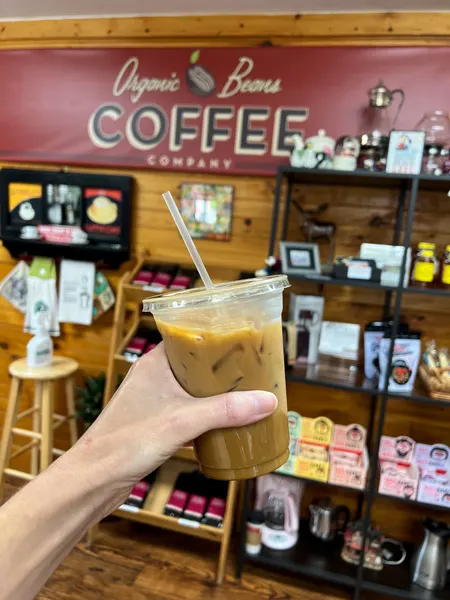 Organic Beans Coffee Co Maggie Valley NC with white hand holding up iced coffee to go