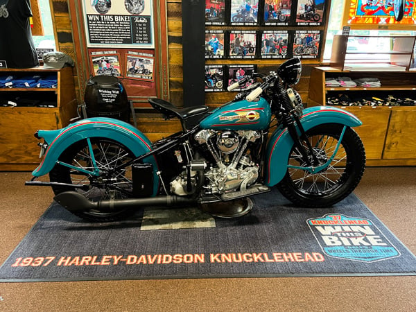 Wheels Through Time Maggie Valley North Carolina with turquoise Harley Davidson