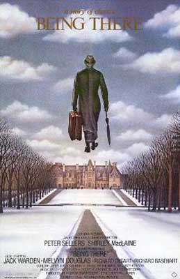 Being There Movie Poster with person walking in clouds with suitcase on air 