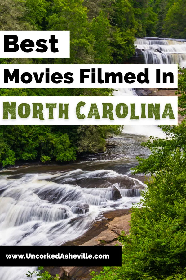 Best Movies Filmed In North Carolina Pinterest pin with Triple Falls - a three tier waterfall - at DuPont State Forest, one filming location for The Hunger Games