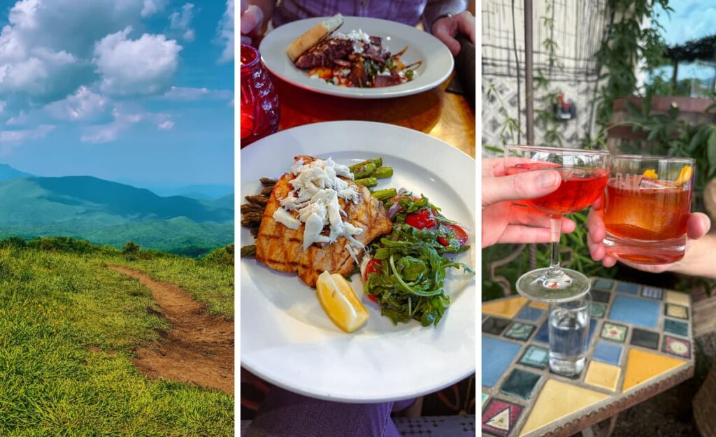 photo collage of Max Patch, plate of food, and cocktails
