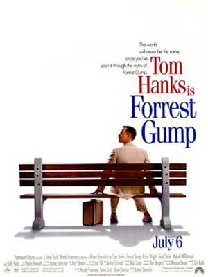 Forrest Gump movie poster with white man sitting on bench with luggage