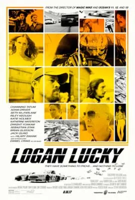 Logan Lucky Film Poster with vignettes of scenes from movie tinted yellow and orange
