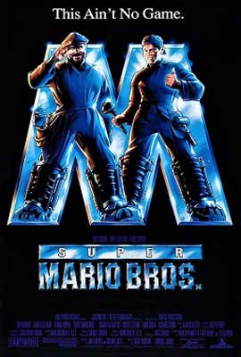 Super Mario Bros Movie Poster with two people in blue standing in front of large letter "M"