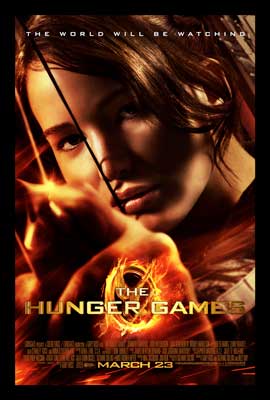 The Hunger Games Movie Poster with white brunette woman with flaming arrow
