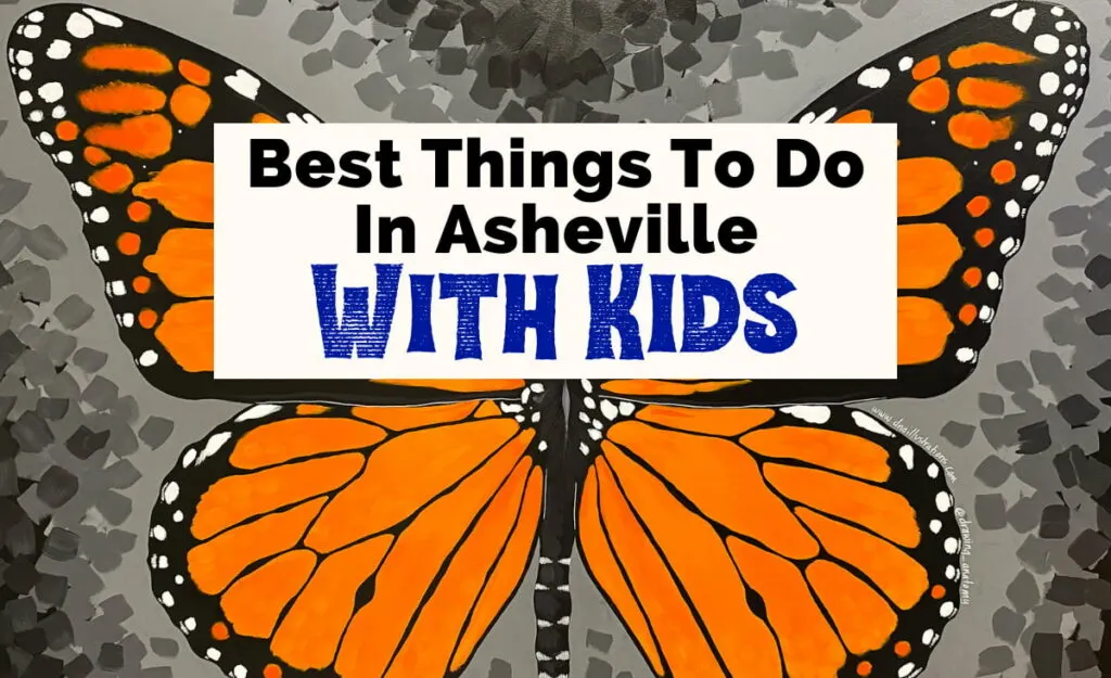 Best things to do in Asheville With Kids with mural of orange monarch butterfly with black outlined on gray wall