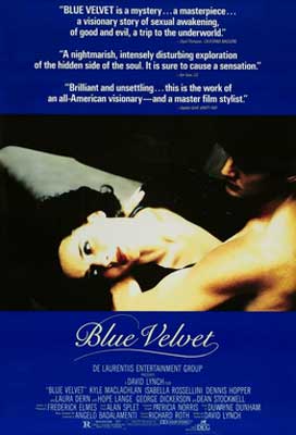 Blue Velvet Film Poster with woman laying down showing her neck and man holding her in his arms