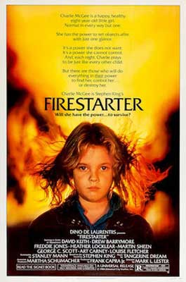 Firestarter Movie Poster with young blonde person with fire coming out of hair and all around them