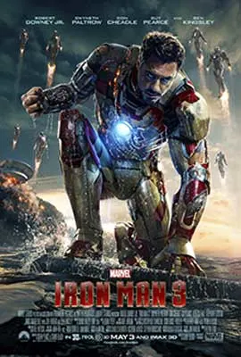 Iron Man 3 Movie Poster with man in silver and red iron suit kneeling on ground with one hand in a fist