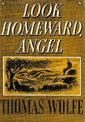 Look Homeward Angel by Thomas Wolfe book cover with image of person sitting near a tree and looking out at mountains with sepia colored like background