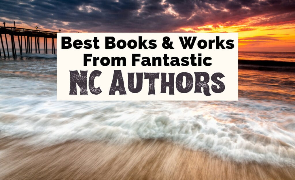 North Carolina Authors Writers with image of blurred waves on the beach with a dock during an orange and yellow sunset