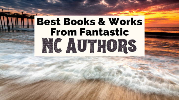 North Carolina Authors Writers with image of blurred waves on the beach with a dock during an orange and yellow sunset