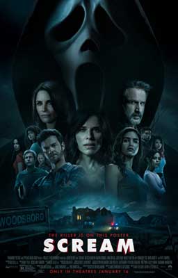 Scream 2022 film poster with glowing house on bottom surround by people's faces in the dark above it with the scream character face above them all