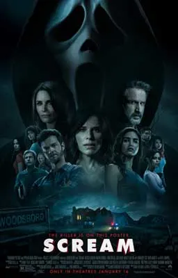 Scream 2022 film poster with glowing house on bottom surround by people's faces in the dark above it with the scream character face above them all