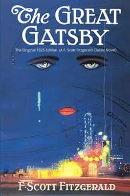 The Great Gatsby by F. Scott Fitzgerald book cover with person's eyes and lips in blue sky over glowing cityscape