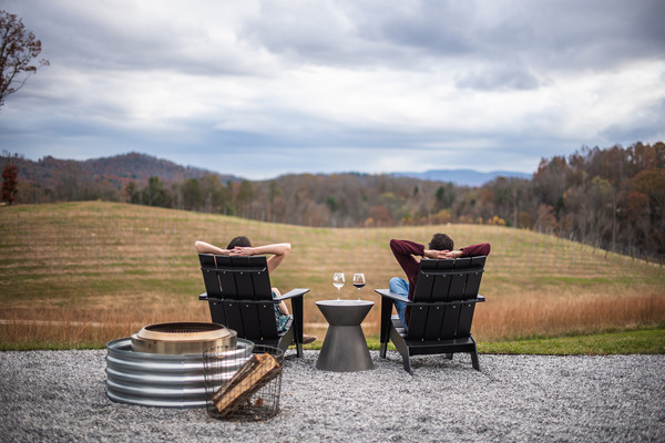 Outdoor area with Christine and Tom, a white male and female, sitting in chairs with red and white wine glasses overlooking Marked Tree Vineyard in Flat Rock, NC