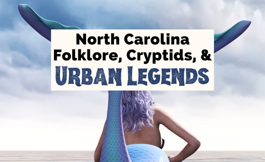 North Carolina Cryptids Urban Legends Folklore with image of mermaid with purple hair and blue purple tail laying halfway in water