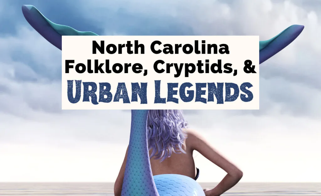 North Carolina Cryptids Urban Legends Folklore with image of mermaid with purple hair and blue purple tail laying halfway in water