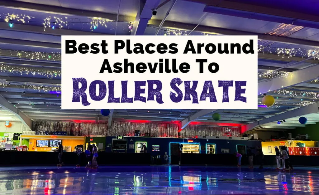 Roller skating in Asheville NC with image of black light skating rink with colorful lights and white lights around ceiling at Smoky Mountain Sk8way