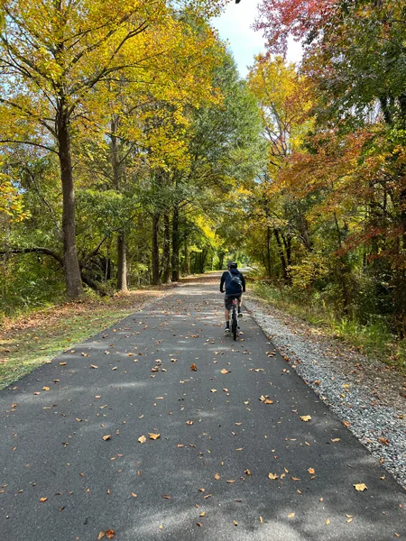 Thermal Belt Rail Trail Rutherfordton to Forest City North Carolina with paved and flat trail with male mountain biking on it and fall foliage trees