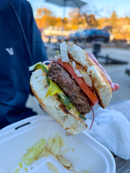 Chop Shop Food Truck Asheville NC Burger with gluten free bread, lettuce, tomato, and sauce