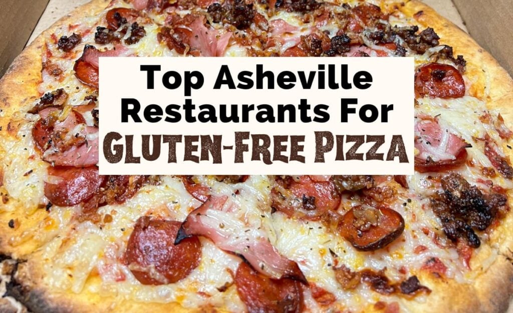 Gluten Free Pizza In Asheville NC with image of large gluten-free pizza crust covered with vegan cheese, sausage, pepperoni, and ham in brown takeout box