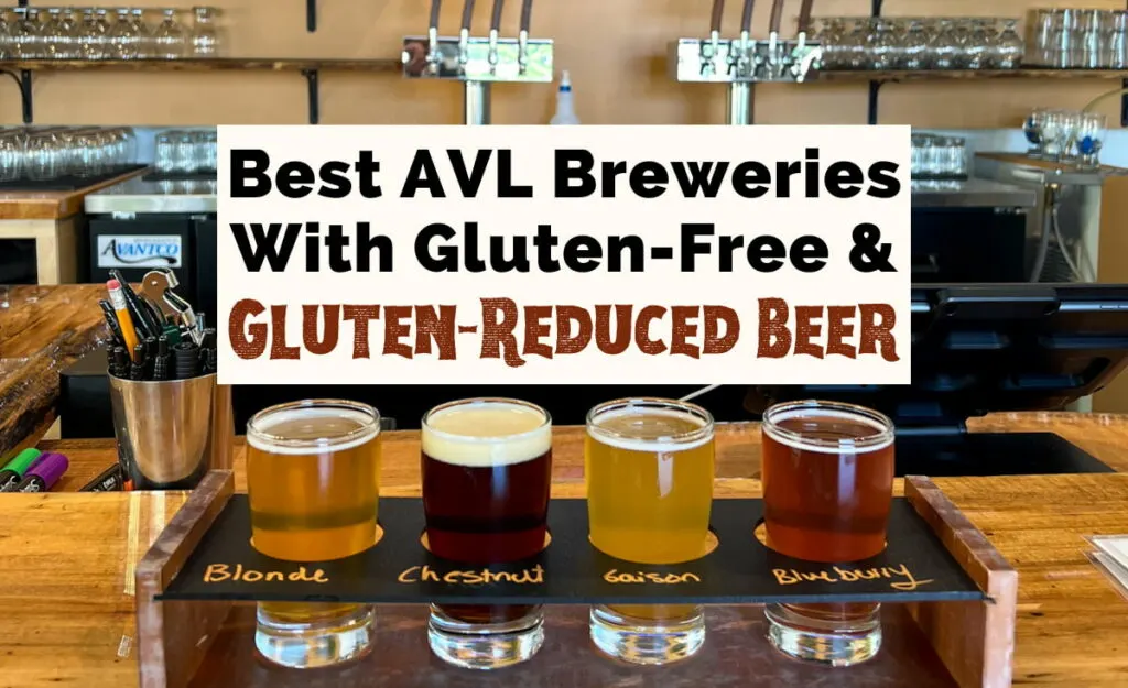 Gluten Free Beer in Asheville NC with image of flight of 4 beers from 7 Clans brewing and flight ranges from light yellow to amber colored beers on light brown bar top