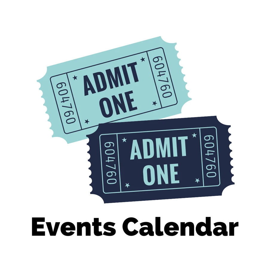 Events Calendar with two blue and green colored ticket stub graphics
