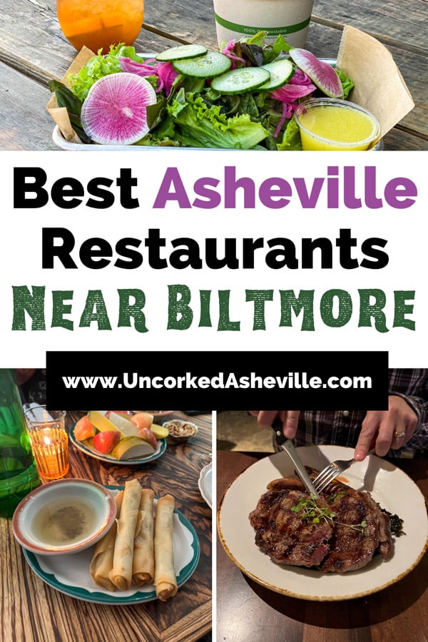 Best Asheville Restaurants Near Biltmore Estate Area Pinterest pin with image of Neng Jr.'s fried spring rolls, ribeye on plate from Village Social, and green salad with pink radishes from Haywood Common