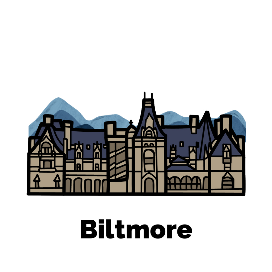 Biltmore Estate Guide with graphic of mansion with Blue Ridge Mountains in background