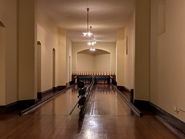 Biltmore House Bowling Alley with two lanes and old pins in Asheville NC