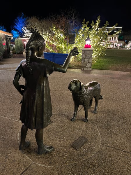 Cedric's Tavern Statue with Cedric the dog and Cornelia at Biltmore's Antler Hill Village in Asheville NC