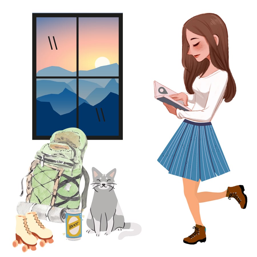 Christine of Uncorked Asheville with graphic of brunette woman reading a book with gray cat, beer, roller skates, and green backpack on ground with blue ridge mountains in the background