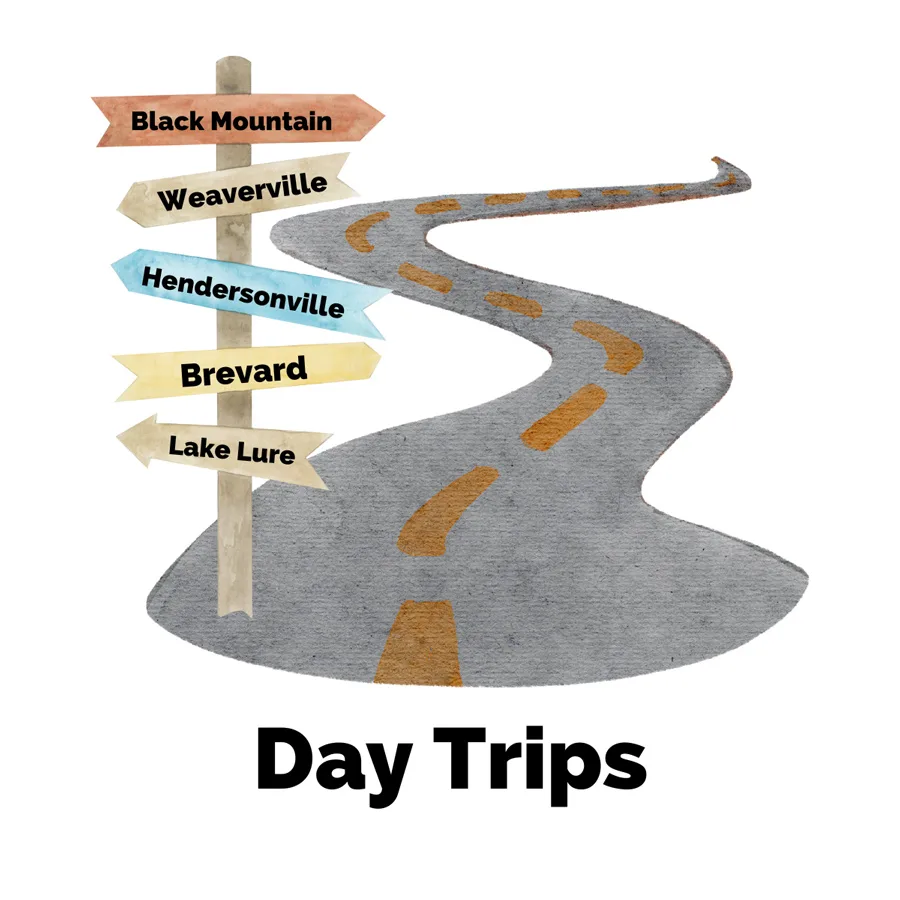 Day Trips From Asheville with graphic of road and directional sign with North Carolina cities and towns like Black Mountain, Hendersonville, Lake Lure, Brevard, and Weaverville