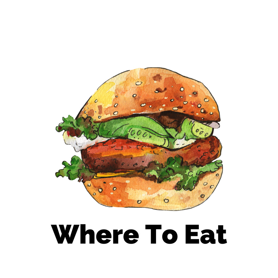 Where to Eat In Asheville North Carolina with graphic of burger with meat, lettuce, tomato, and bun