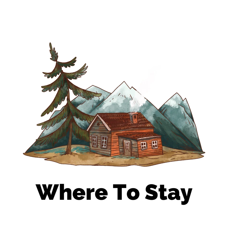 Where to Stay in Asheville North Carolina with graphic of cabin in mountains with trees
