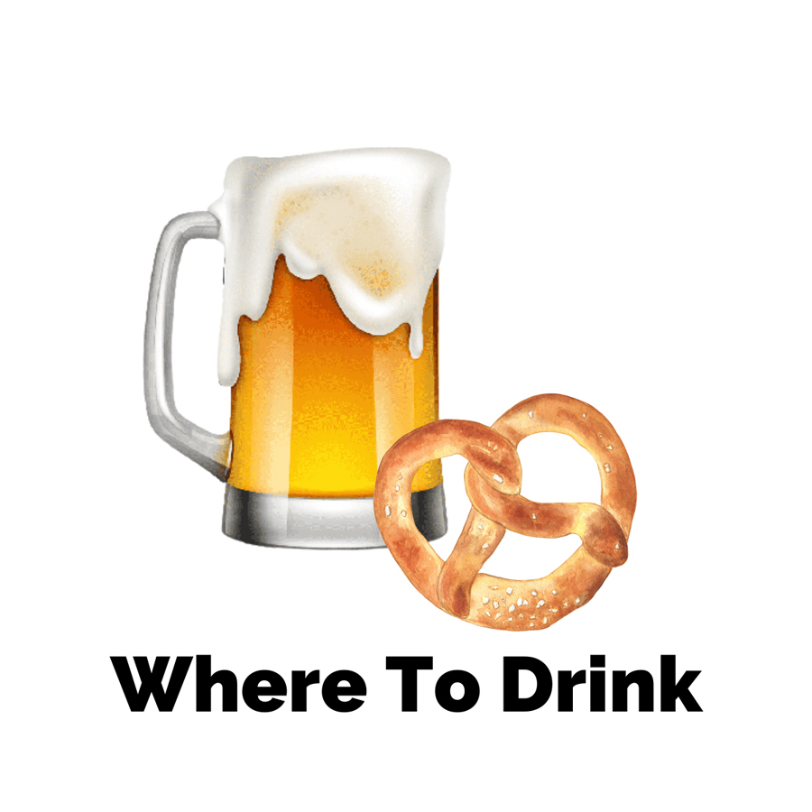 Where to drink in Asheville with graphic of yellow amber beer and pretzel