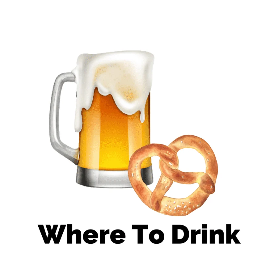 Where to drink in Asheville with graphic of yellow amber beer and pretzel